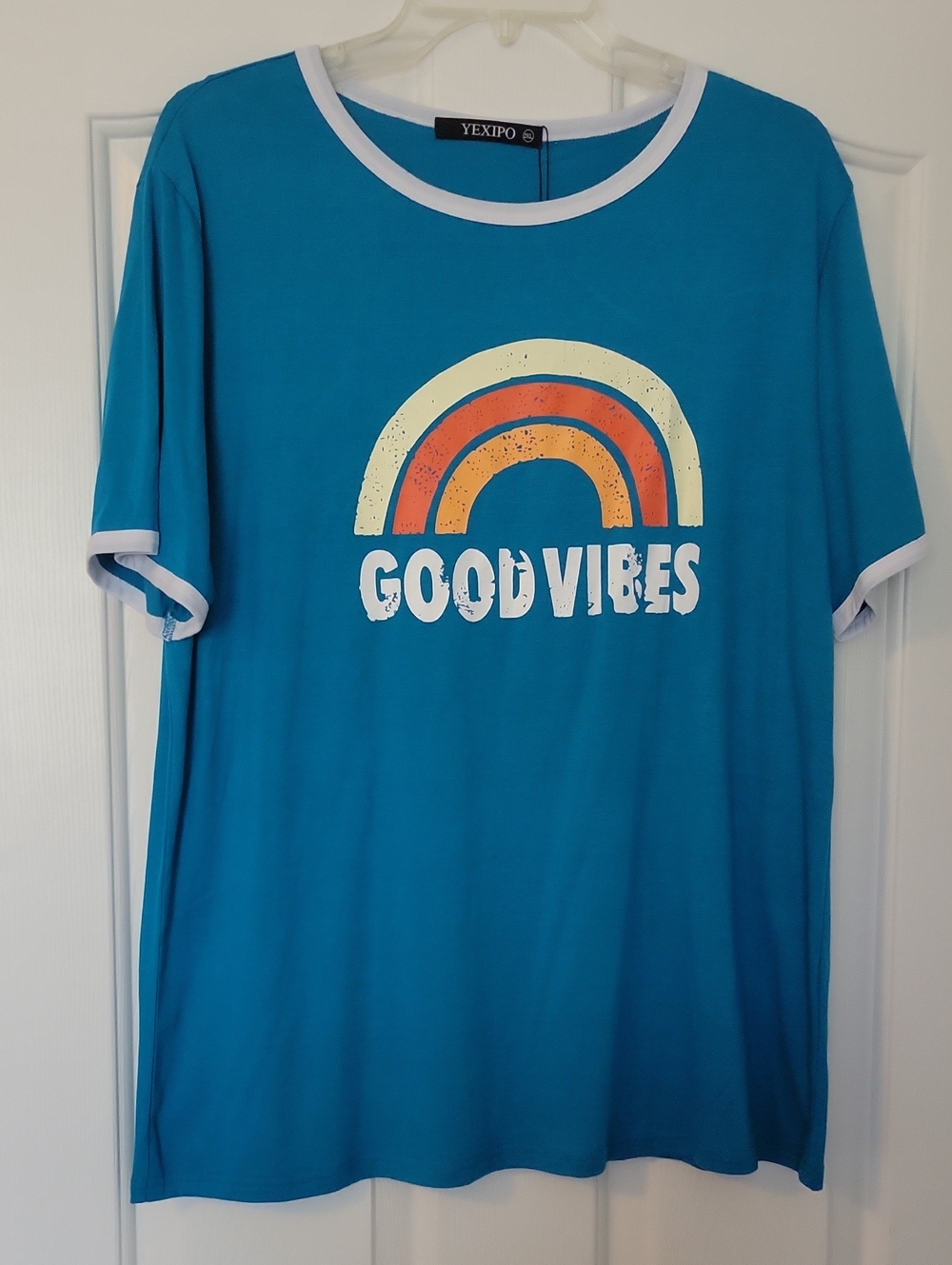 Women's Teal "Good Vibes" Rainbow Graphic Tee